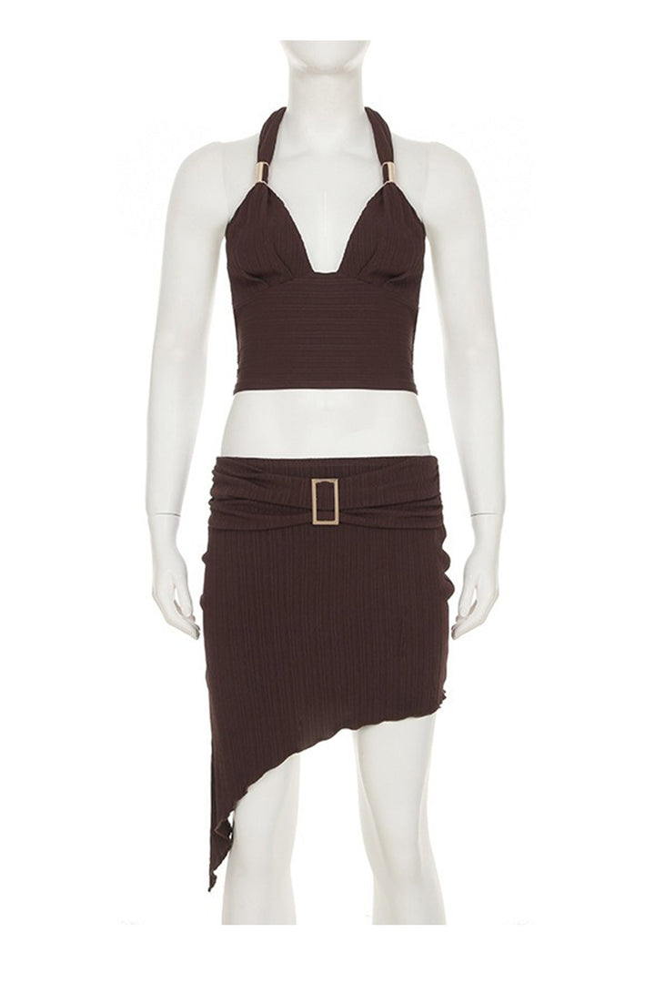 Halterneck Tie-up Vest Irregular Skirt Set