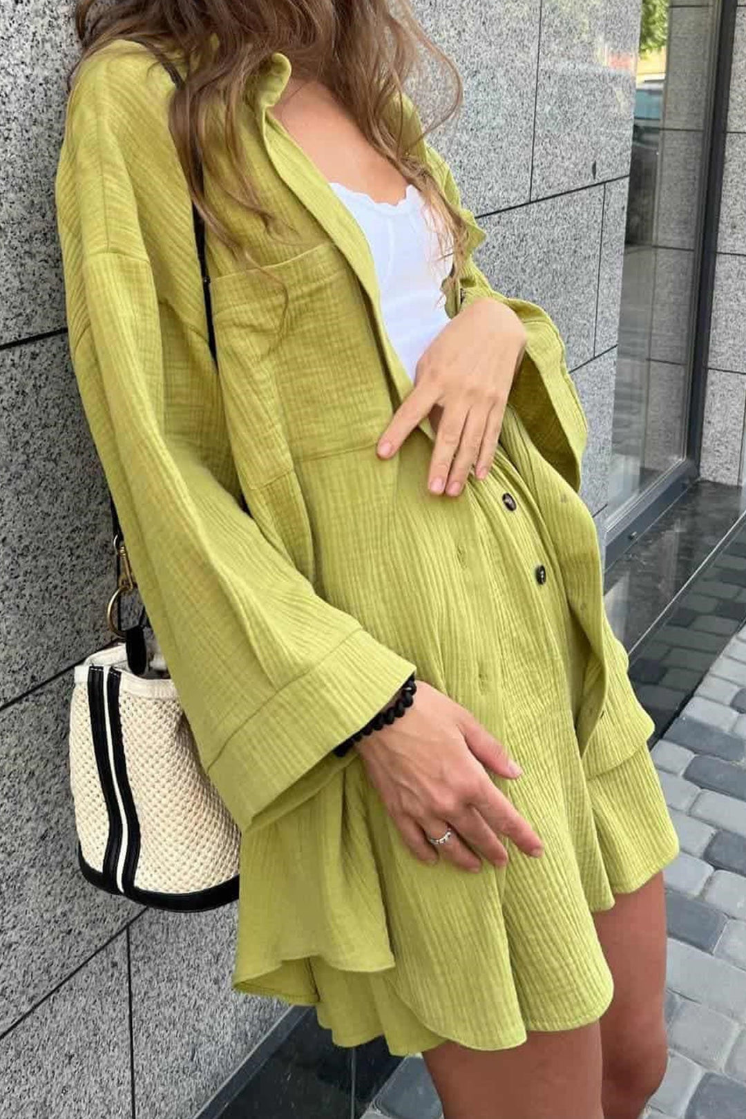 Single-breasted Three-quarter Sleeve Shirt Set