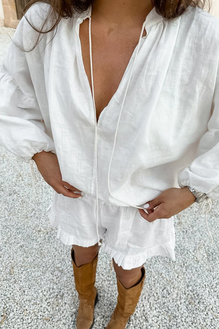 V-neck Lantern Sleeve Cotton Shirt Set