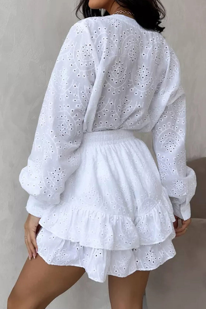 Hollow-out Jacquard Blouse Tiered Shorts Set