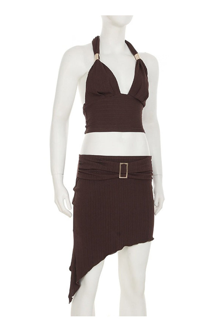 Halterneck Tie-up Vest Irregular Skirt Set