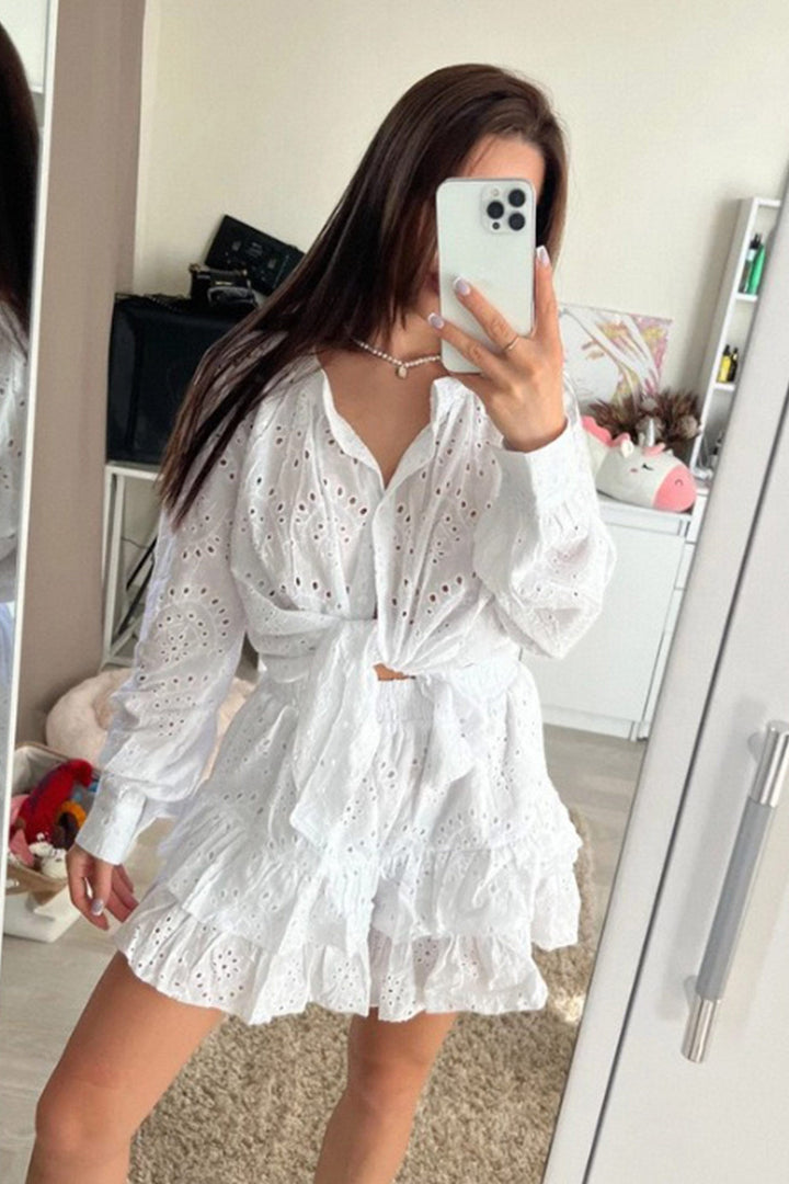 Hollow-out Jacquard Blouse Tiered Shorts Set