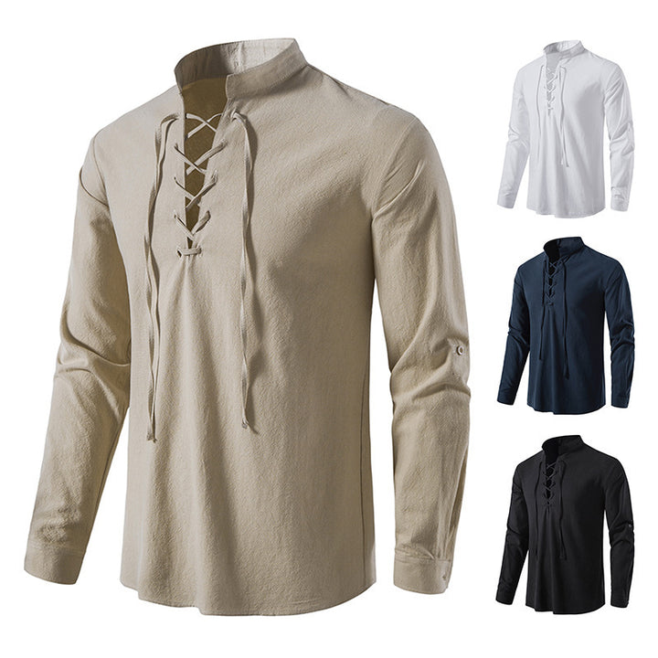 Men's Cotton Linen Long Sleeve Casual Stand Collar Shirt