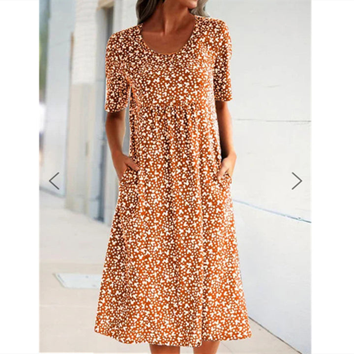Women's Round Neck Floral Mid Length Short Sleeve Dress