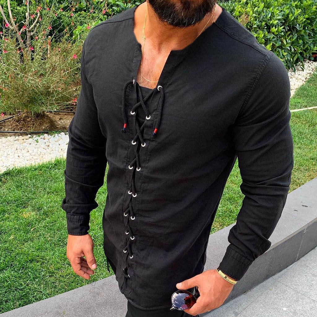 Tie up cardigan stand collar cotton and hemp shirt T-shirt