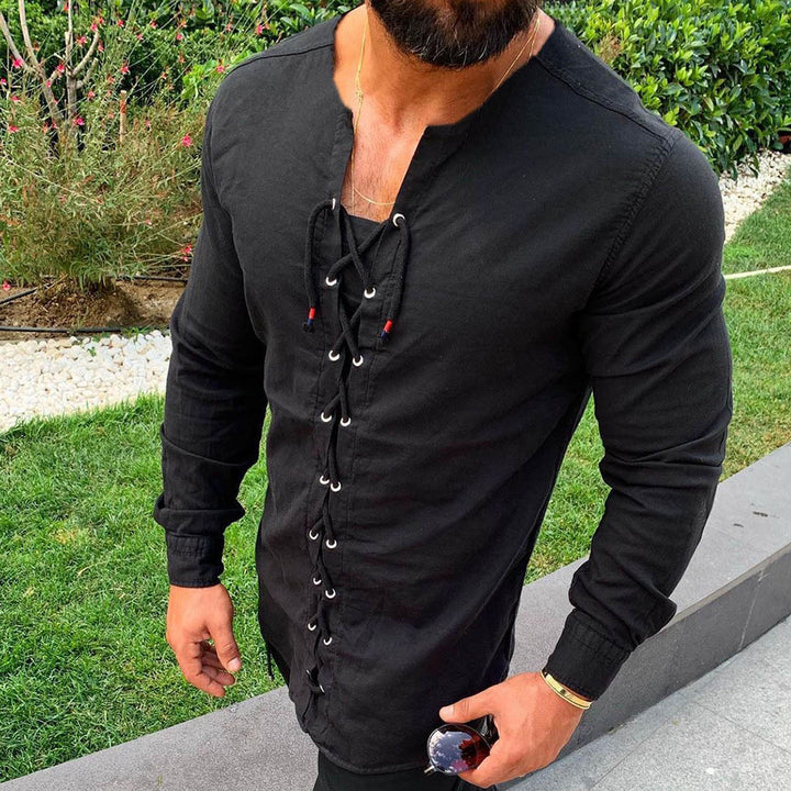 Tie up cardigan stand collar cotton and hemp shirt T-shirt