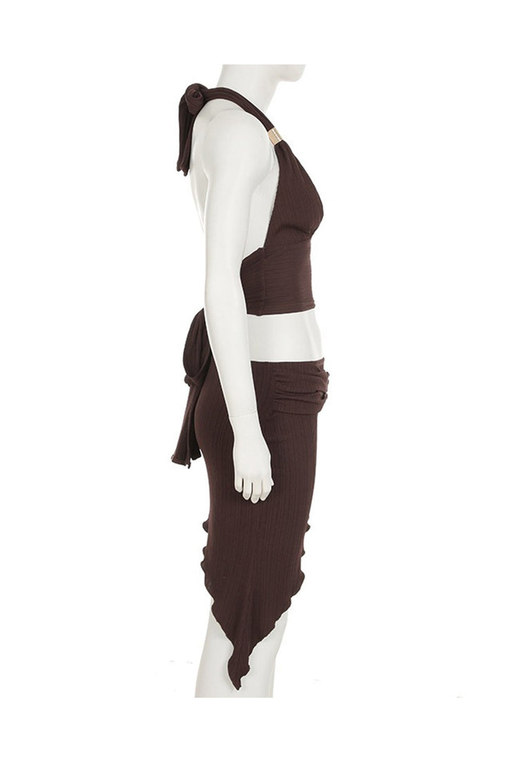 Halterneck Tie-up Vest Irregular Skirt Set