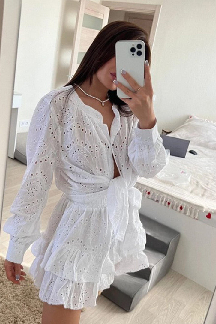 Hollow-out Jacquard Blouse Tiered Shorts Set