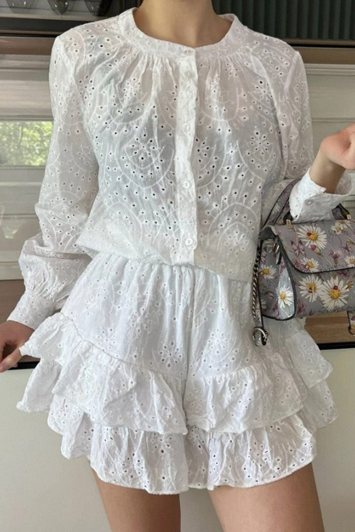Hollow-out Jacquard Blouse Tiered Shorts Set