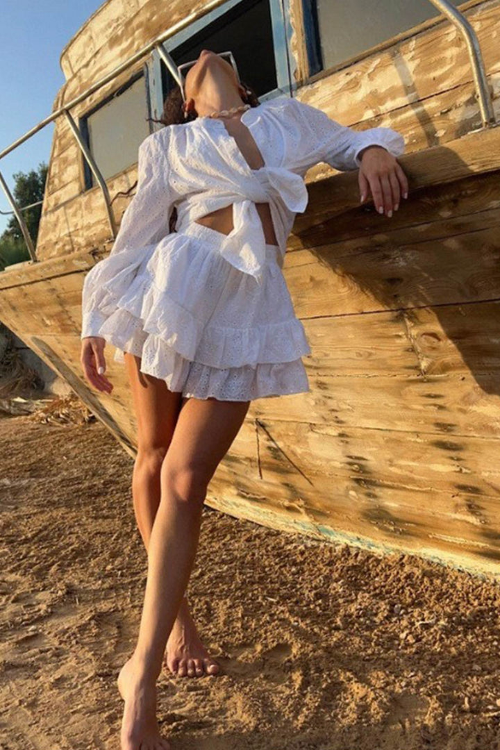 Hollow-out Jacquard Blouse Tiered Shorts Set