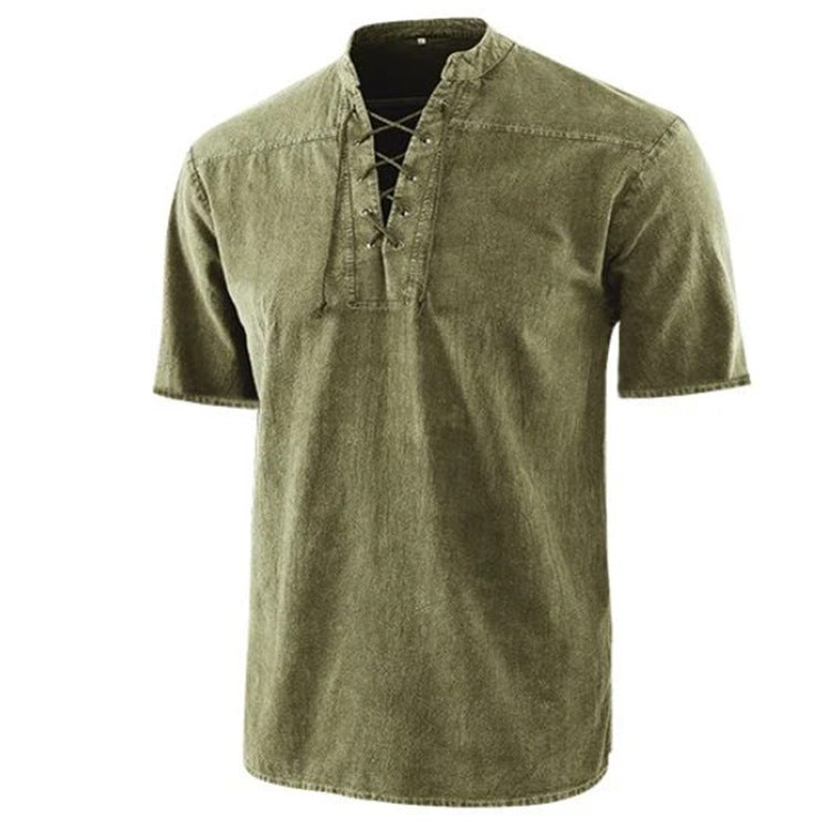 Men's Lace-up Stand-up Collar Casual Short-sleeved Shirt