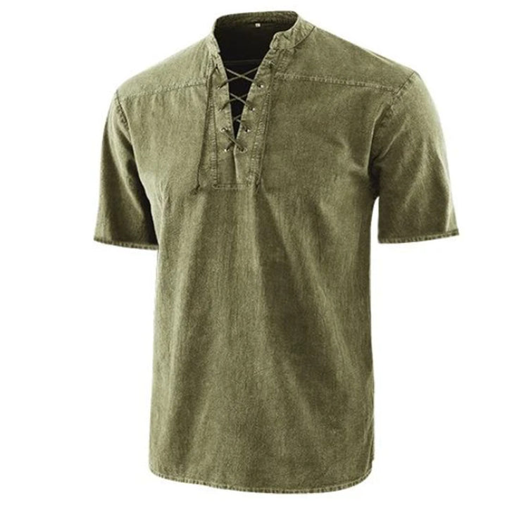 Men's Lace-up Stand-up Collar Casual Short-sleeved Shirt