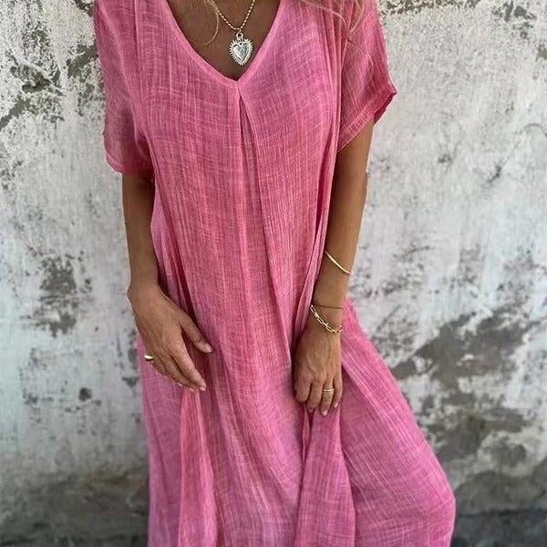 Women's Fashion Temperament Cotton Linen V-neck Semi-formal Dress