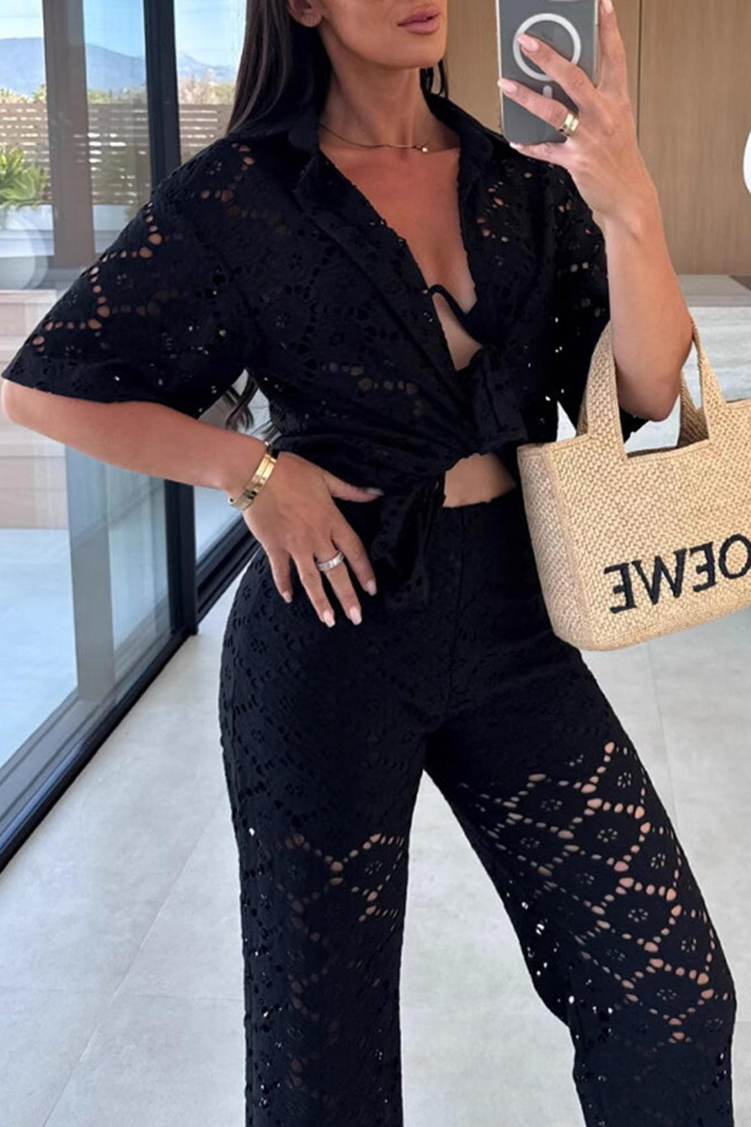 Lace Lapel Blouse Two-piece Set