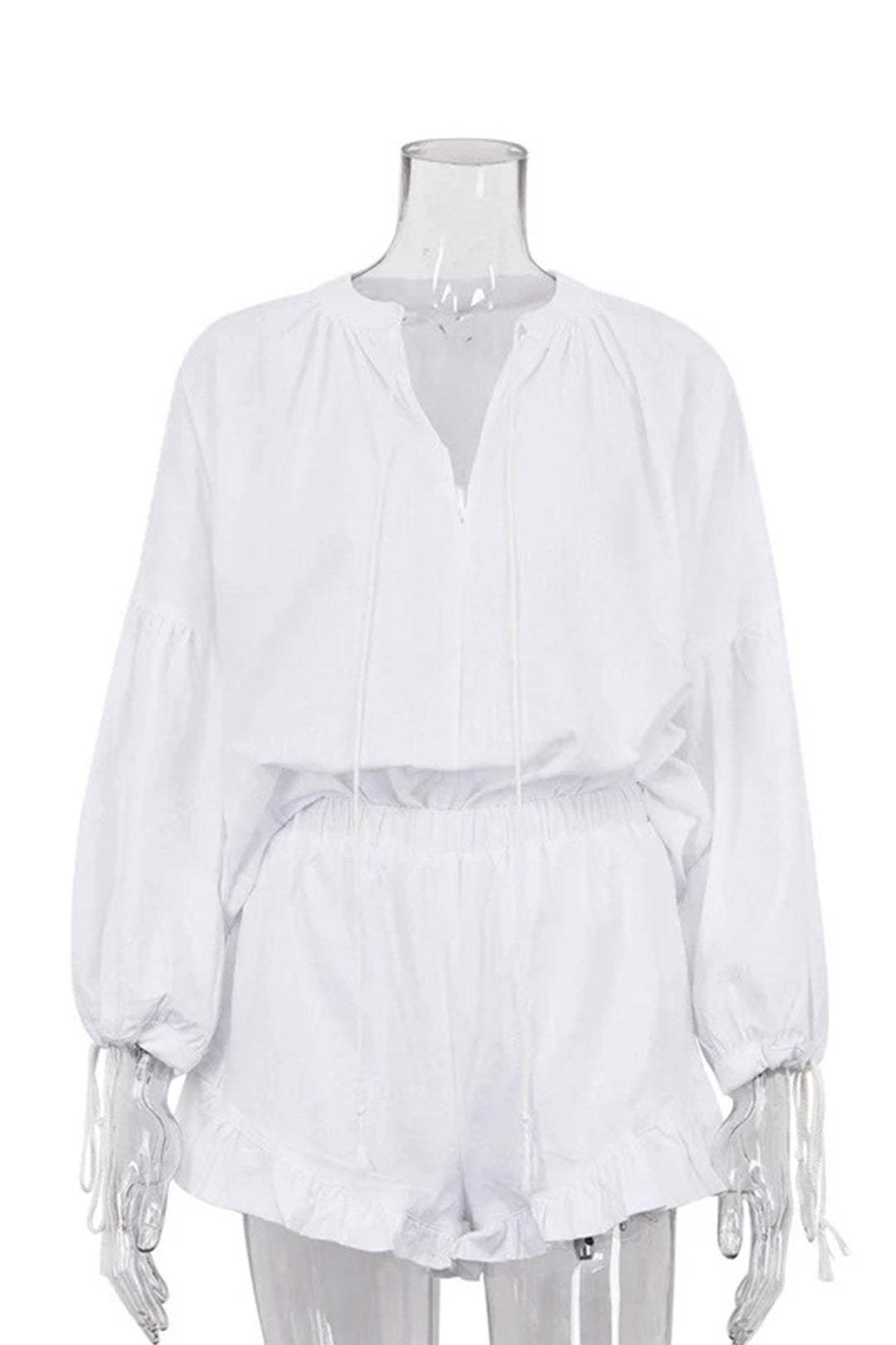 V-neck Lantern Sleeve Cotton Shirt Set