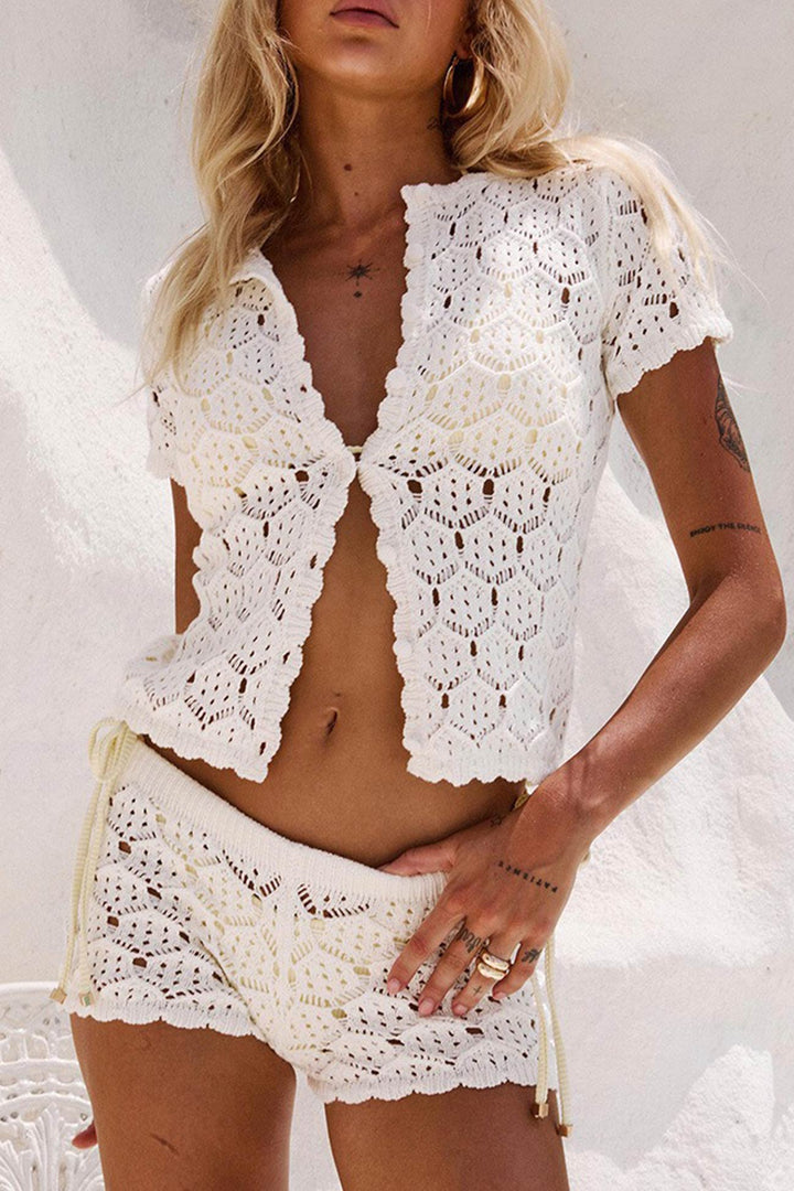 Hollow-out Jacquard Blouse Cover-up Set