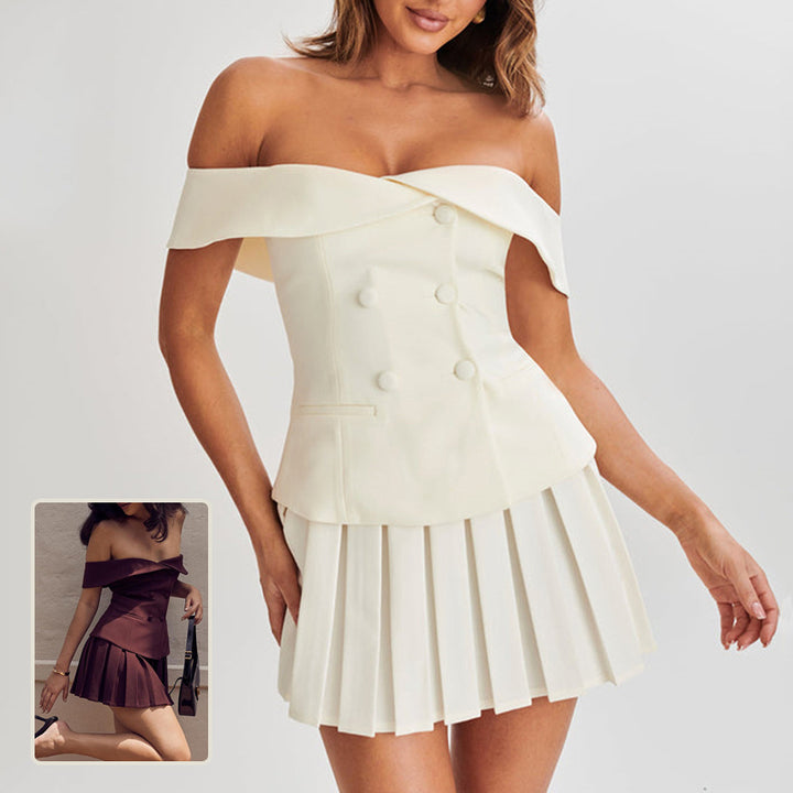 Elegant Suit Double-breasted Off-shoulder Top And Pleated Skirt Women