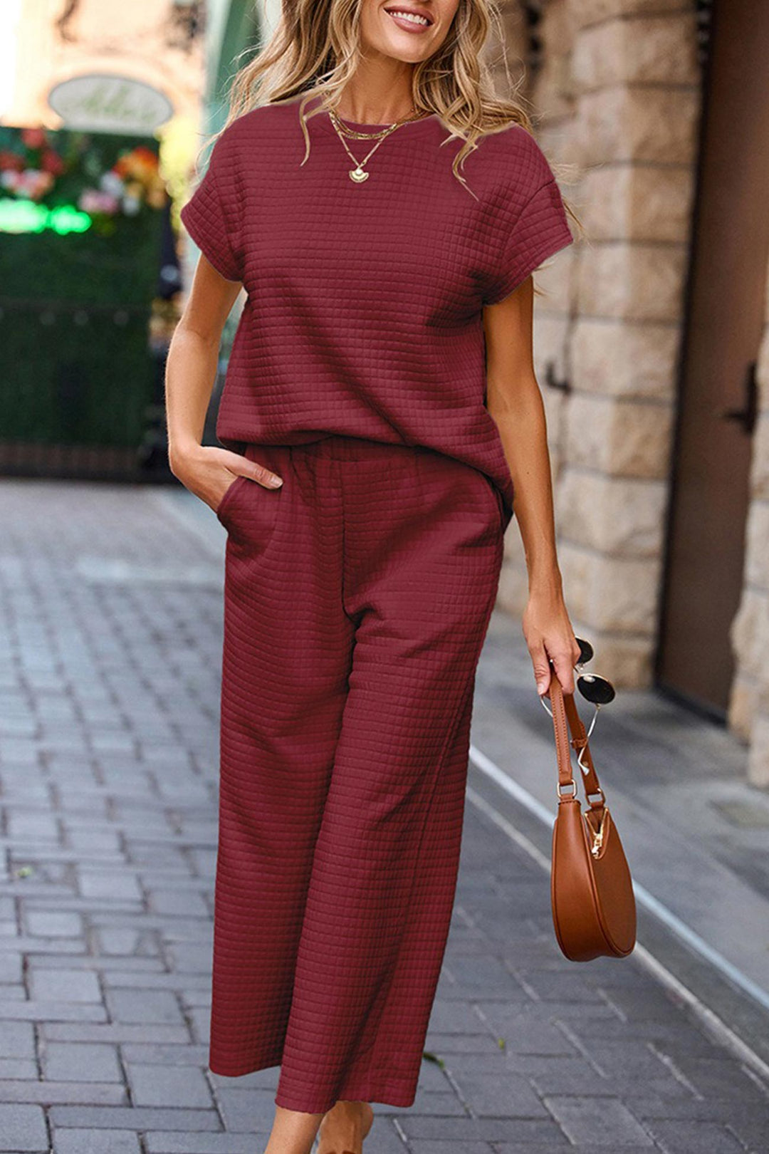 Solid Color Lattice Texture T-shirt Pants Set