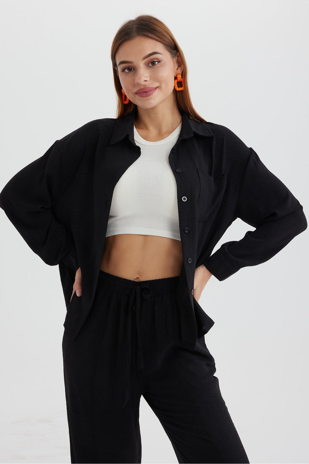 Long Sleeve Solid Color Shirt Long Pants Set