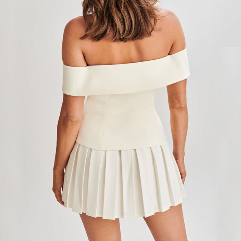 Elegant Suit Double-breasted Off-shoulder Top And Pleated Skirt Women