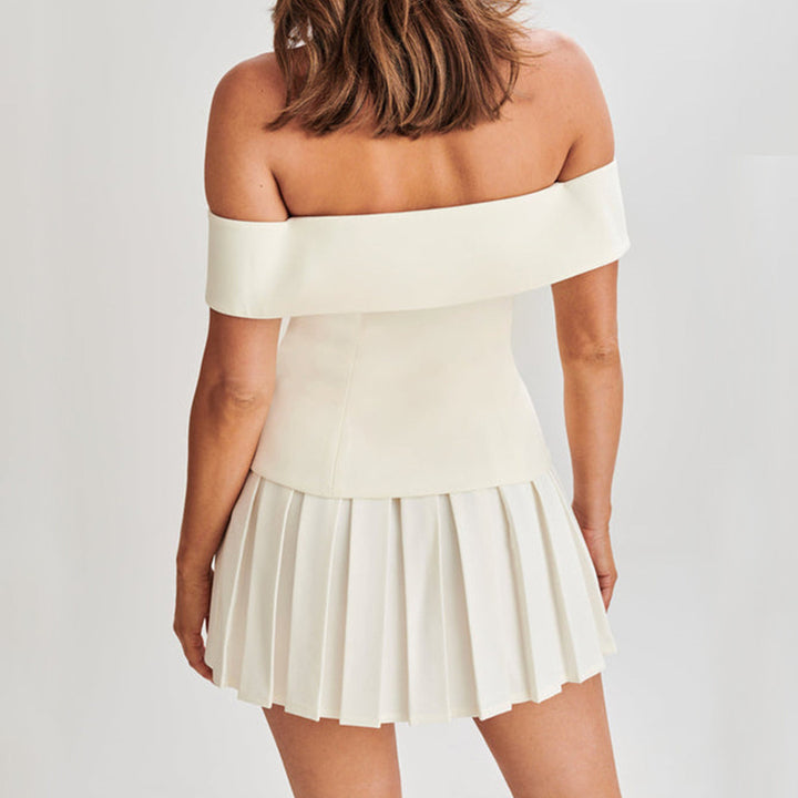 Elegant Suit Double-breasted Off-shoulder Top And Pleated Skirt Women