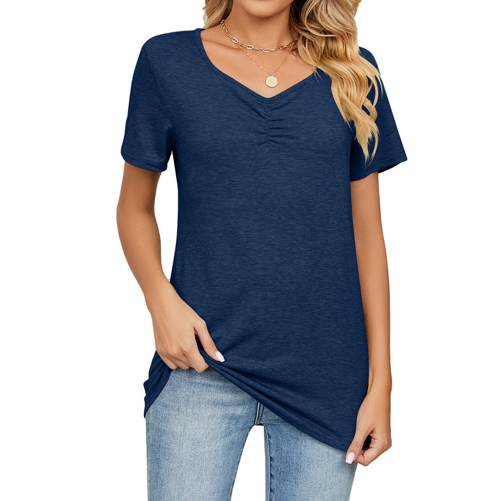 Women's Fashion V-neck Pleated Casual Solid Color Loose T-shirt