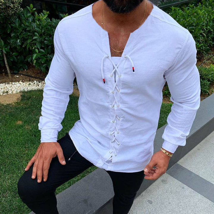 Tie up cardigan stand collar cotton and hemp shirt T-shirt