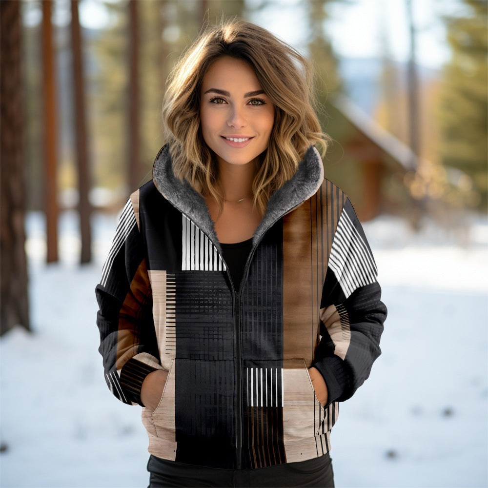 3D Women's Hooded Zipped Cotton-padded Jacket