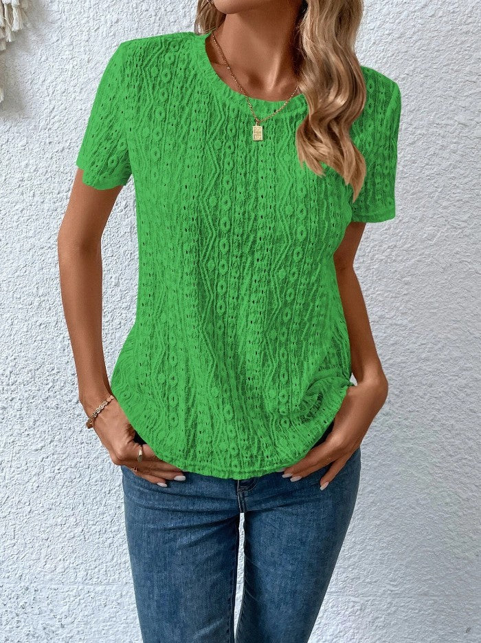 Hollowed Leisure Solid Color Round Neck T-shirt For Women