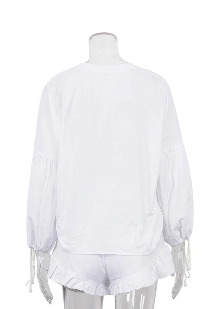 V-neck Lantern Sleeve Cotton Shirt Set