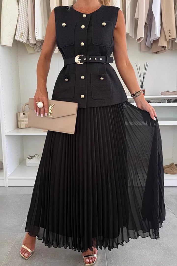 Button-down Tank Top Mesh Pleated Skirt Set