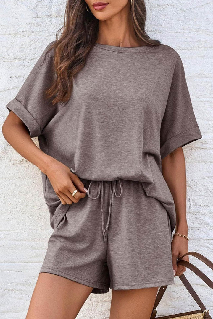 Solid Color Bat Sleeve T-shirt Shorts Set