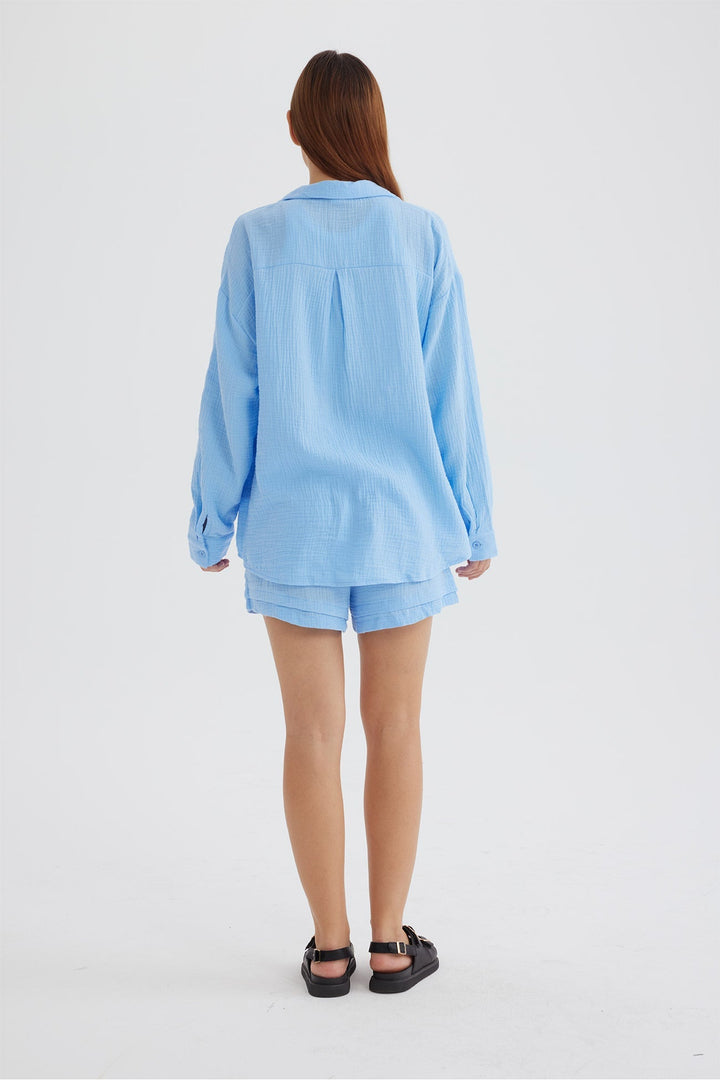 Long Sleeve Solid Color Shirt Shorts Set