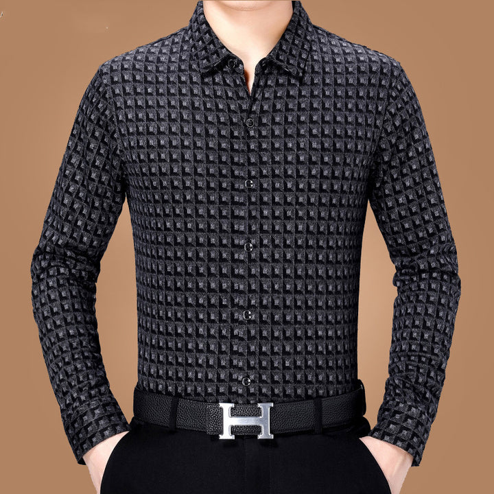 Middle-Aged Spring New Business Casual Plaid Long-Sleeved Shirt For Men