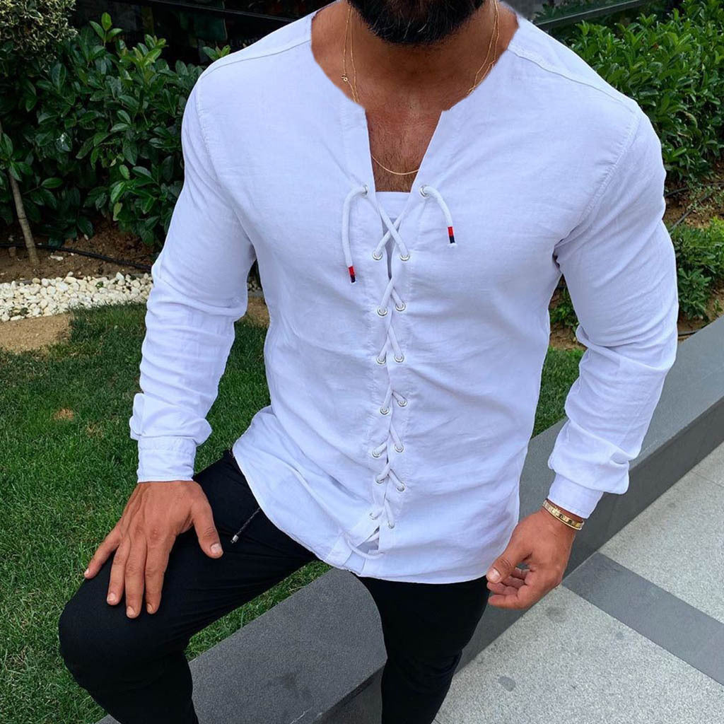 Tie up cardigan stand collar cotton and hemp shirt T-shirt