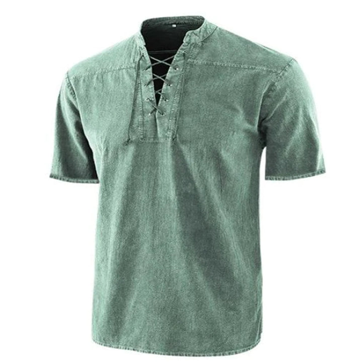 Men's Lace-up Stand-up Collar Casual Short-sleeved Shirt