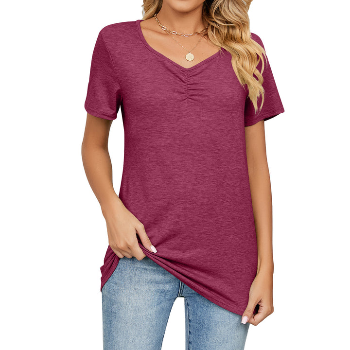 Women's Fashion V-neck Pleated Casual Solid Color Loose T-shirt