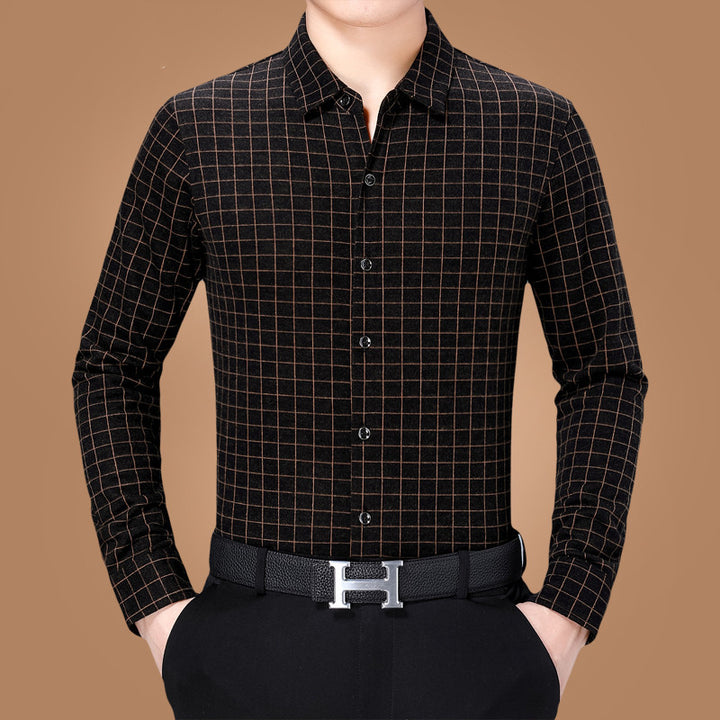 Middle-Aged Spring New Business Casual Plaid Long-Sleeved Shirt For Men