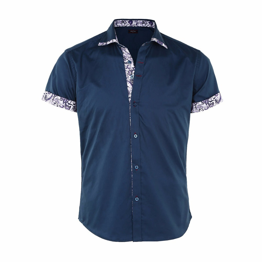 Men's Printed Stitching Solid Color Short Sleeve Shirt
