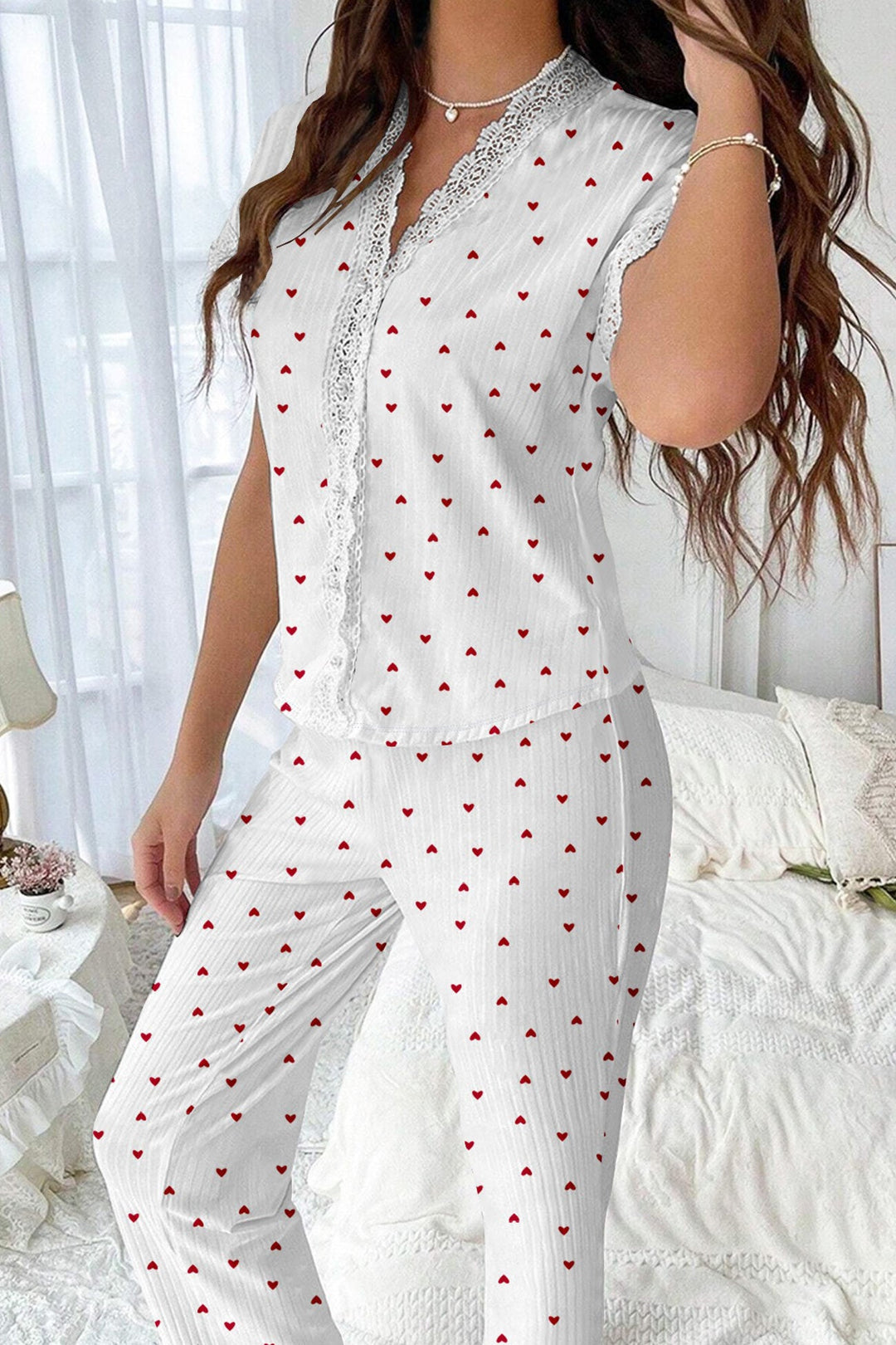 Lace Stitching Short-Sleeved Printed Loungewear
