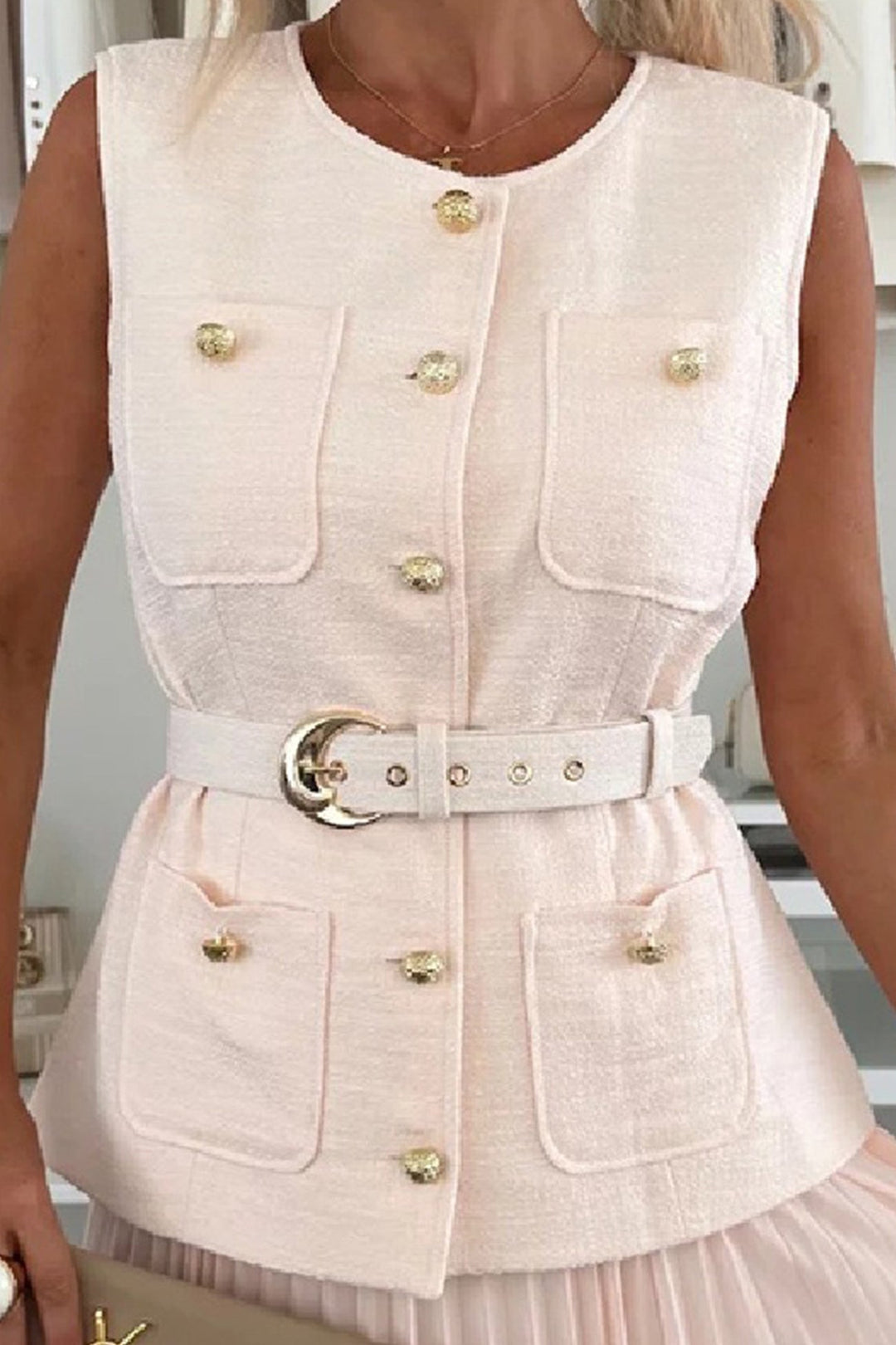 Button-down Tank Top Mesh Pleated Skirt Set