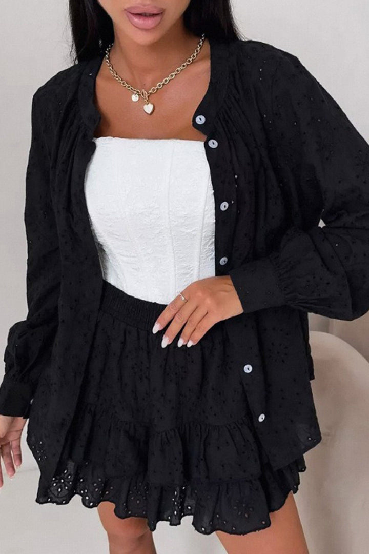Hollow-out Jacquard Blouse Tiered Shorts Set