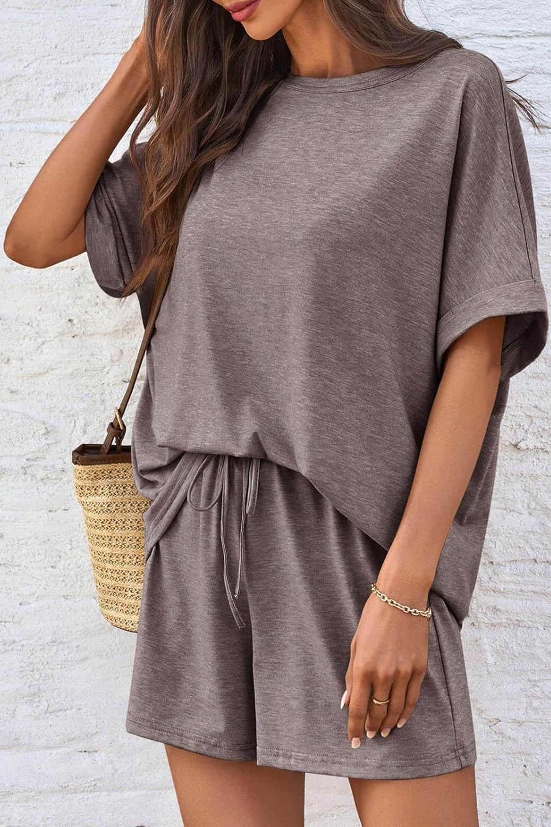Solid Color Bat Sleeve T-shirt Shorts Set