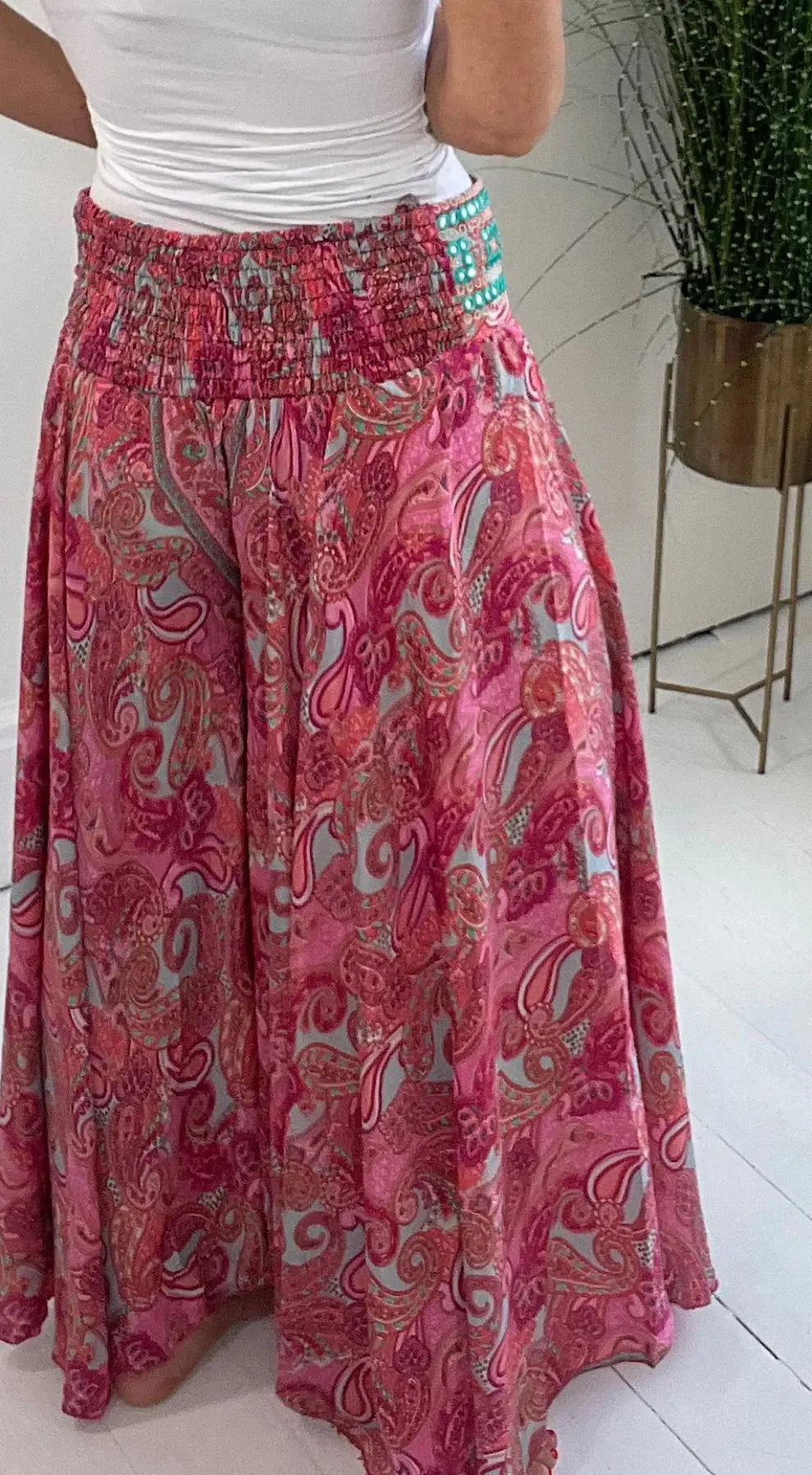 Clevecorner™ Ethnic Paisley Print Elastic Patchwork Waist Pants