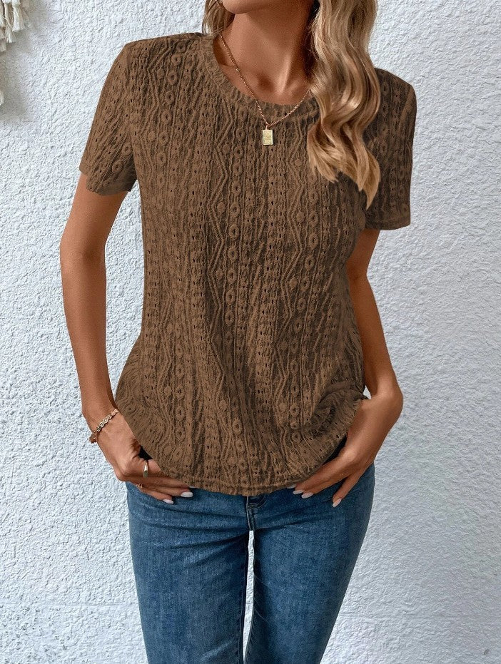 Hollowed Leisure Solid Color Round Neck T-shirt For Women