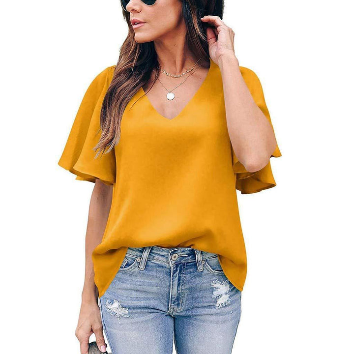 Loose V-Neck Ruffle Sleeve Casual Women's Top
