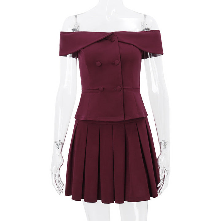 Elegant Suit Double-breasted Off-shoulder Top And Pleated Skirt Women