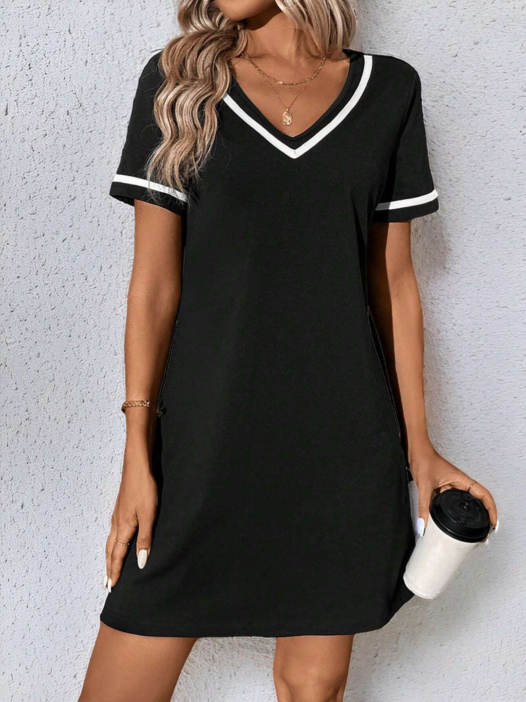 Women's Dress Black V-neck Casual Short Sleeve Dress