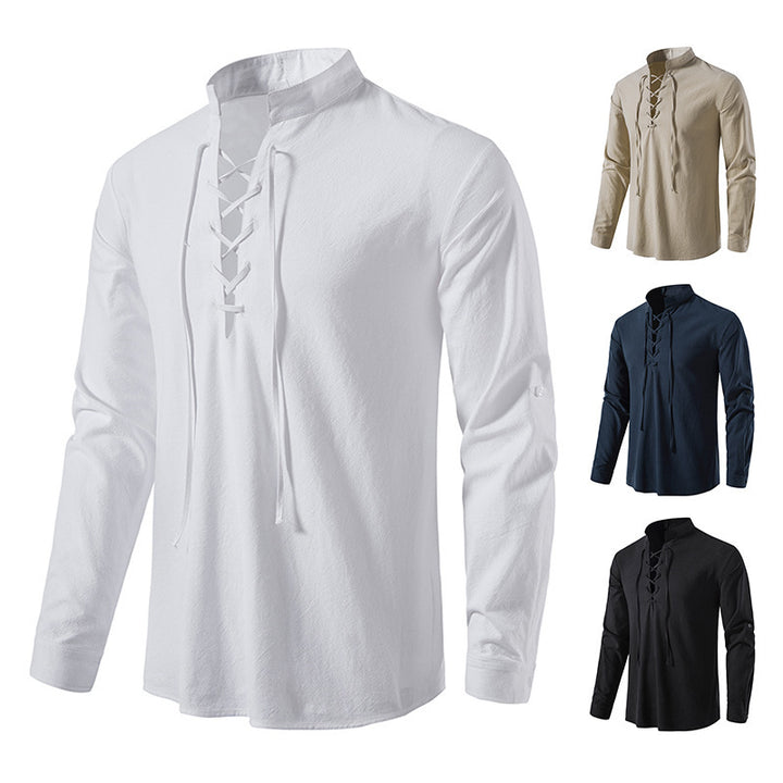 Men's Cotton Linen Long Sleeve Casual Stand Collar Shirt