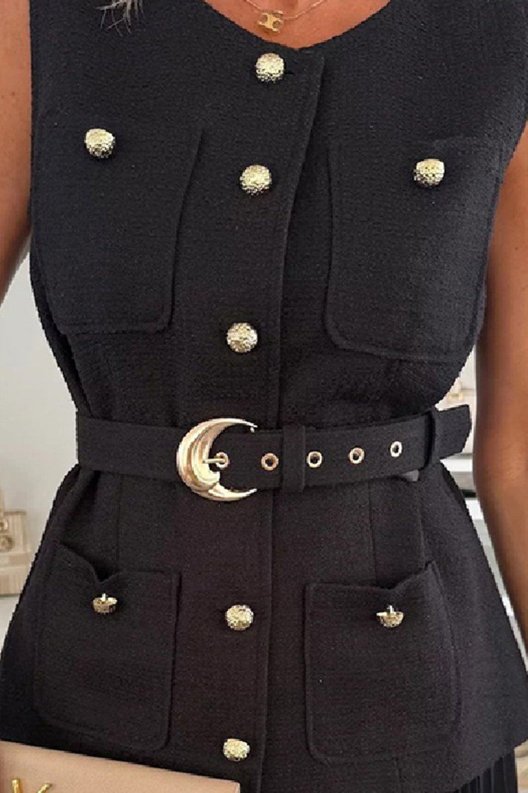 Button-down Tank Top Mesh Pleated Skirt Set